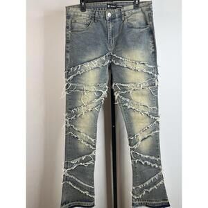 Waimea Men’s Stacked Fit Distressed Moto Jeans Blue Wash Size 34x36 Excellent